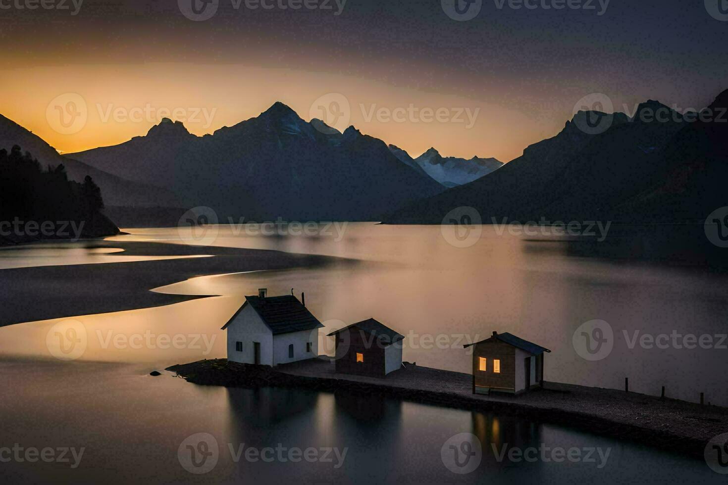 dos casas en el apuntalar de un lago a puesta de sol. generado por ai foto