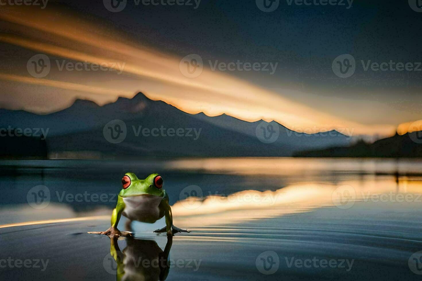a frog standing on the edge of a lake at sunset. AI-Generated photo