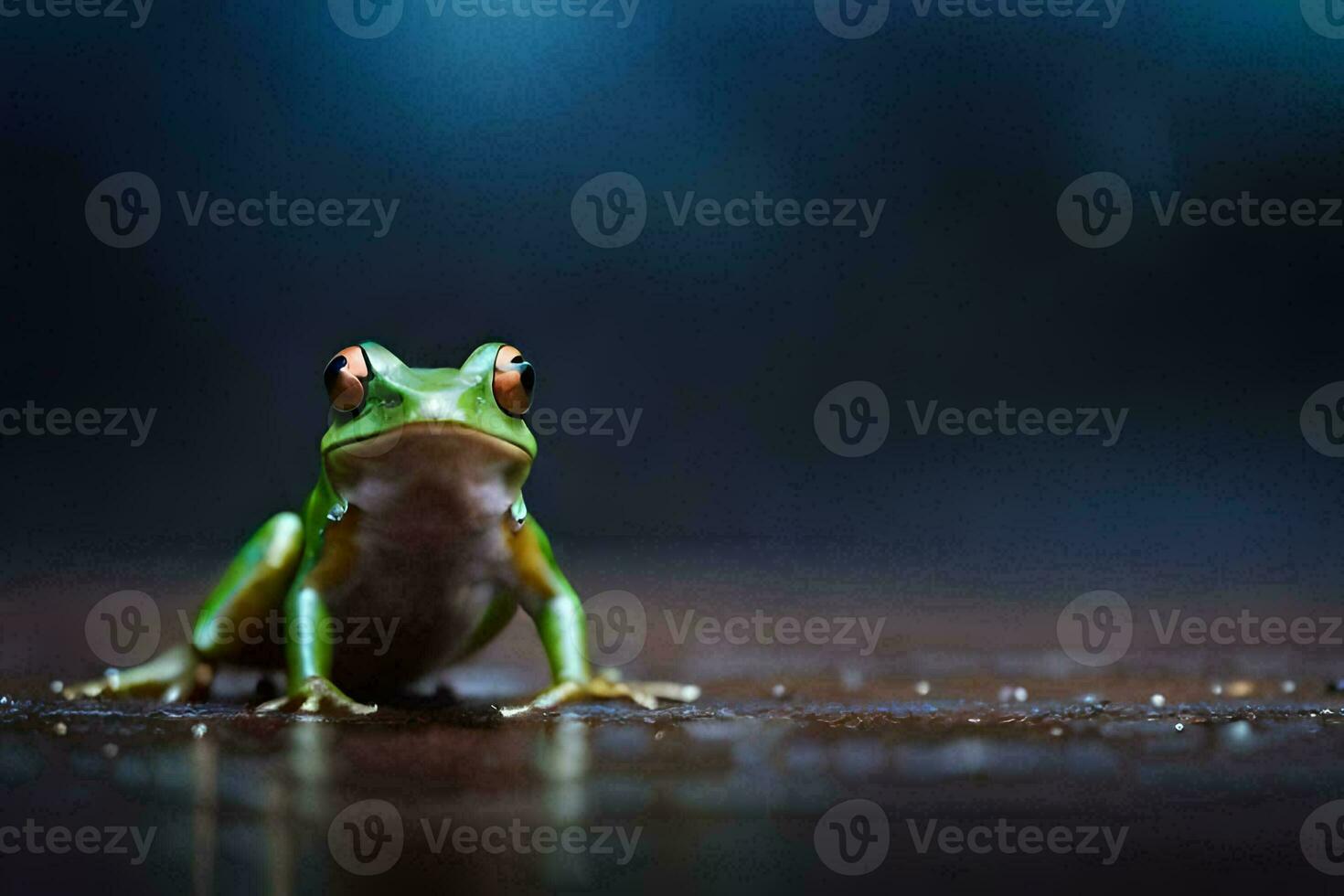 a frog sitting on a wet surface with a dark background. AI-Generated photo