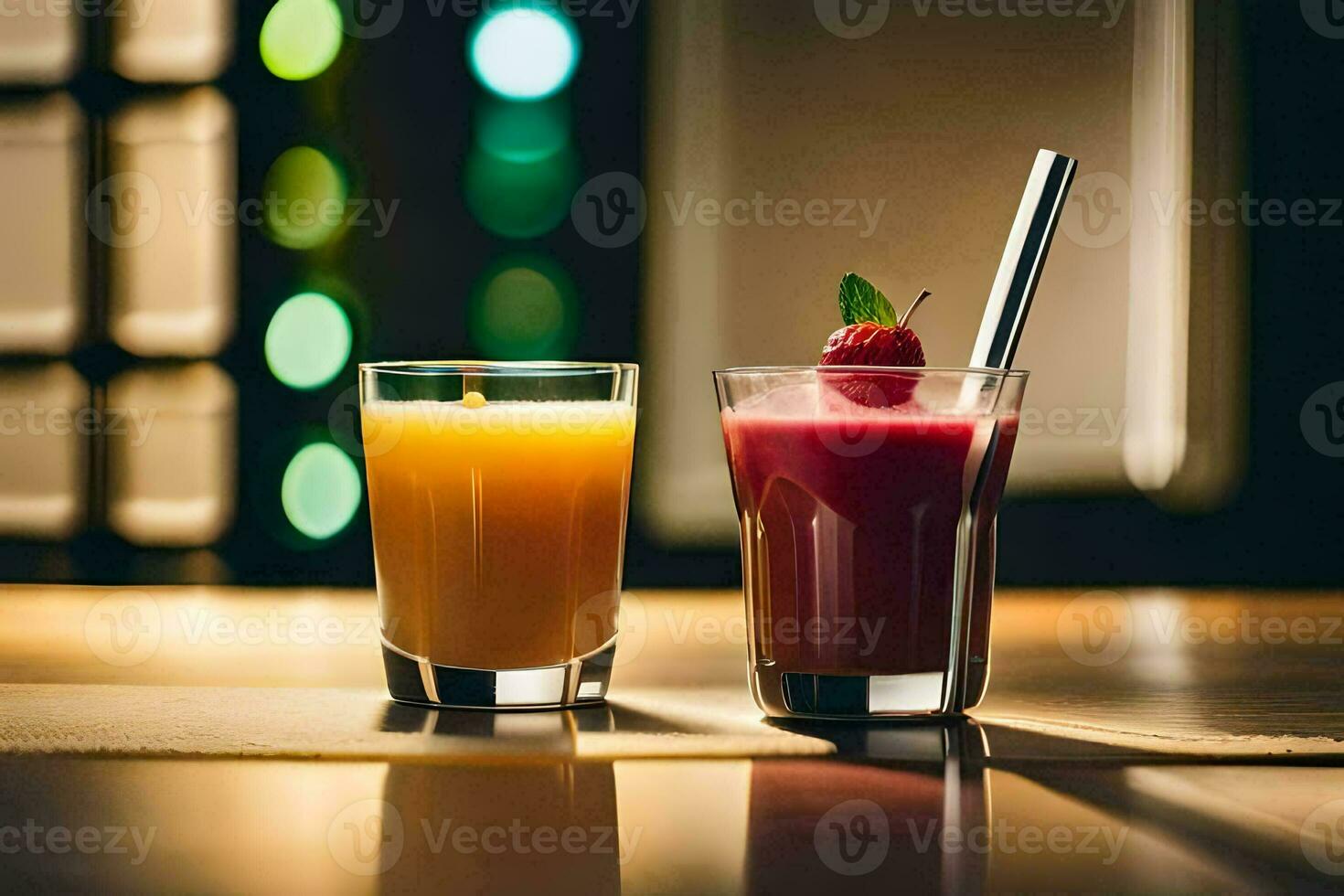 two glasses of juice with a straw. AI-Generated photo