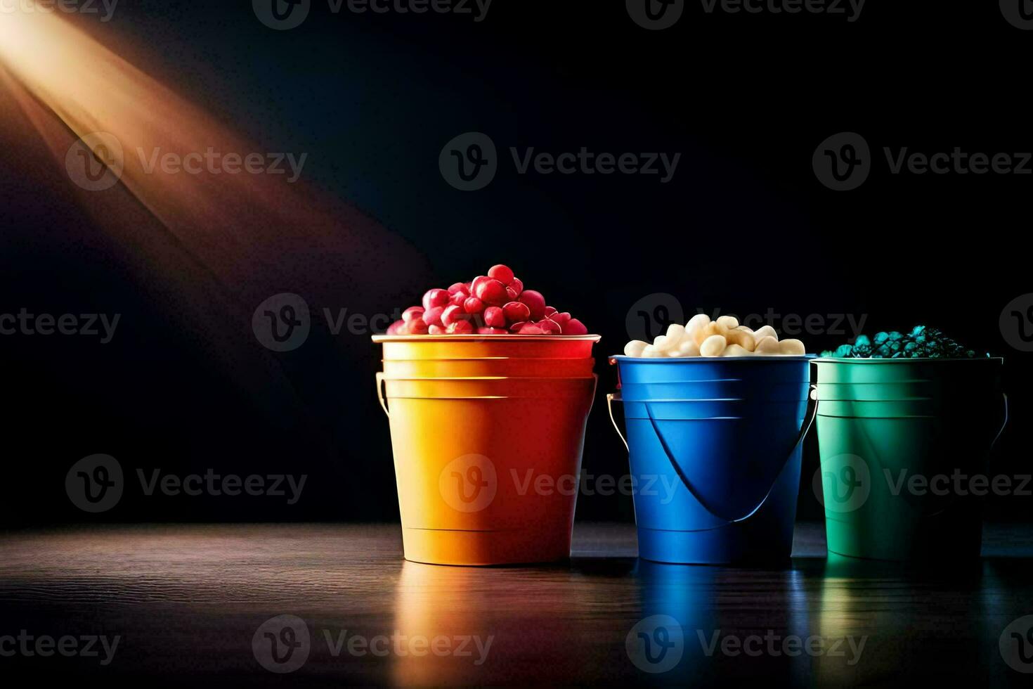 three buckets of popcorn on a dark table. AI-Generated photo