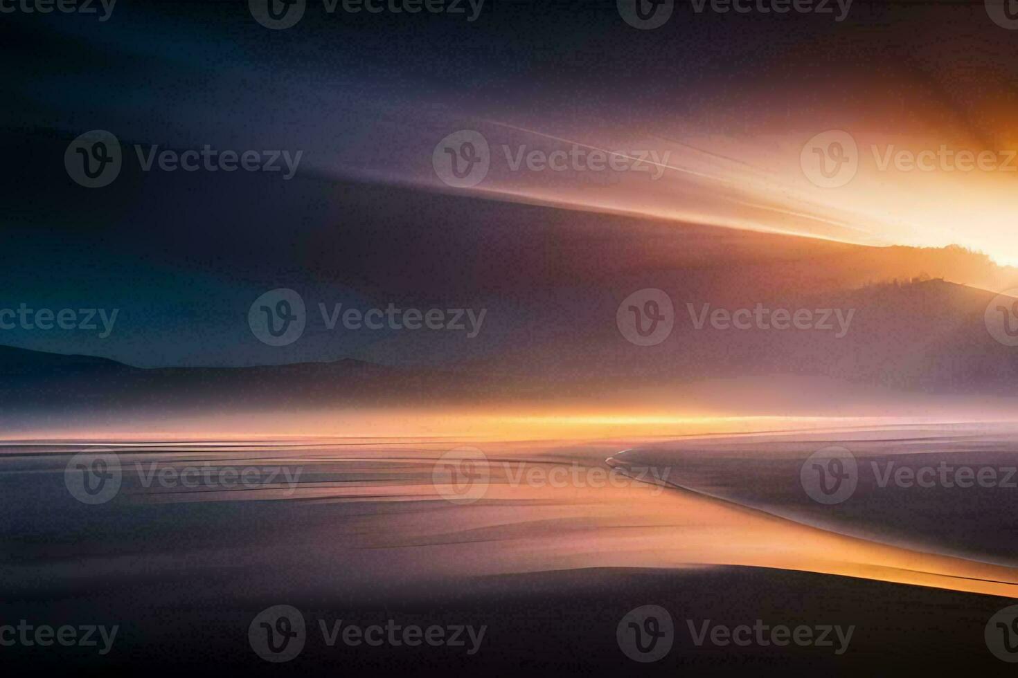 sunlight shining through the fog on a beach. AI-Generated photo