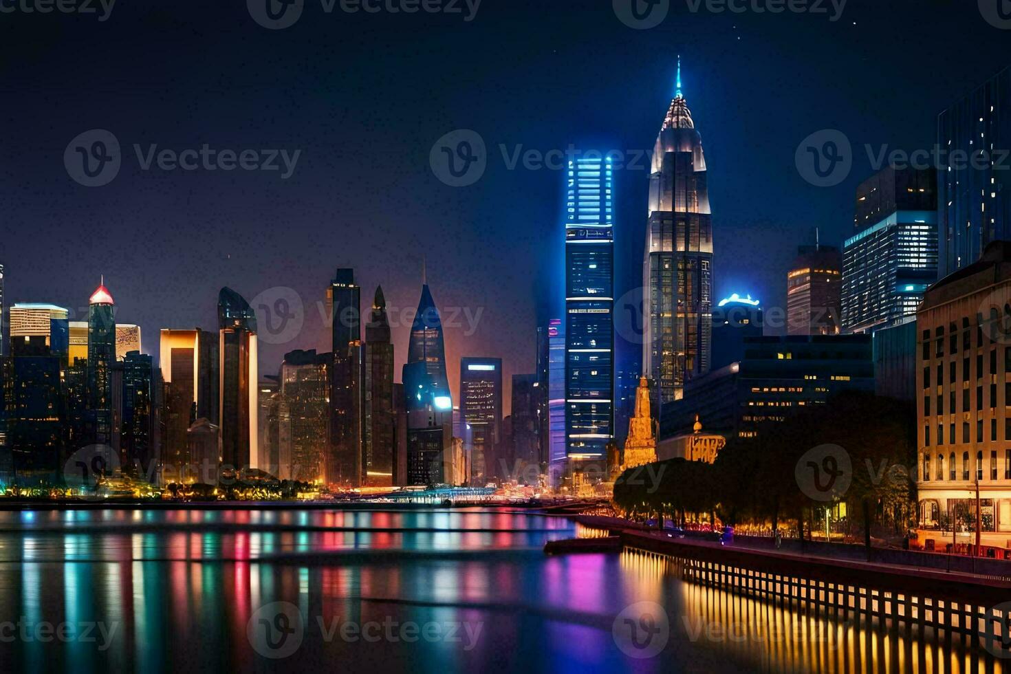 el ciudad horizonte a noche con luces reflejando apagado el agua. generado por ai foto