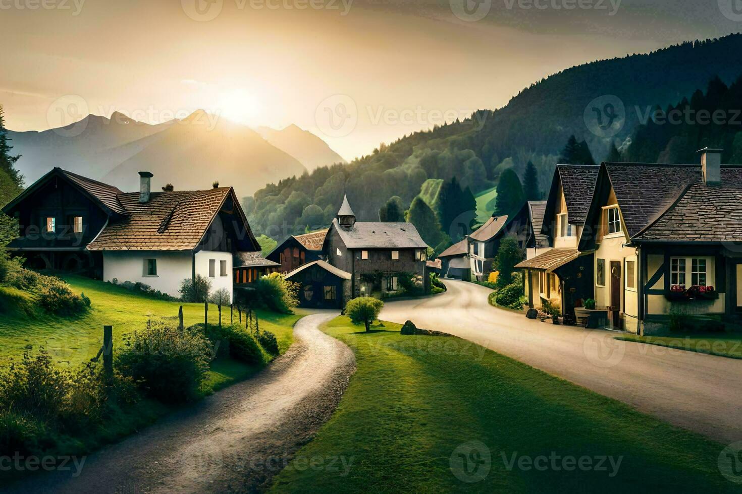 a village in the mountains with a road leading to it. AI-Generated photo