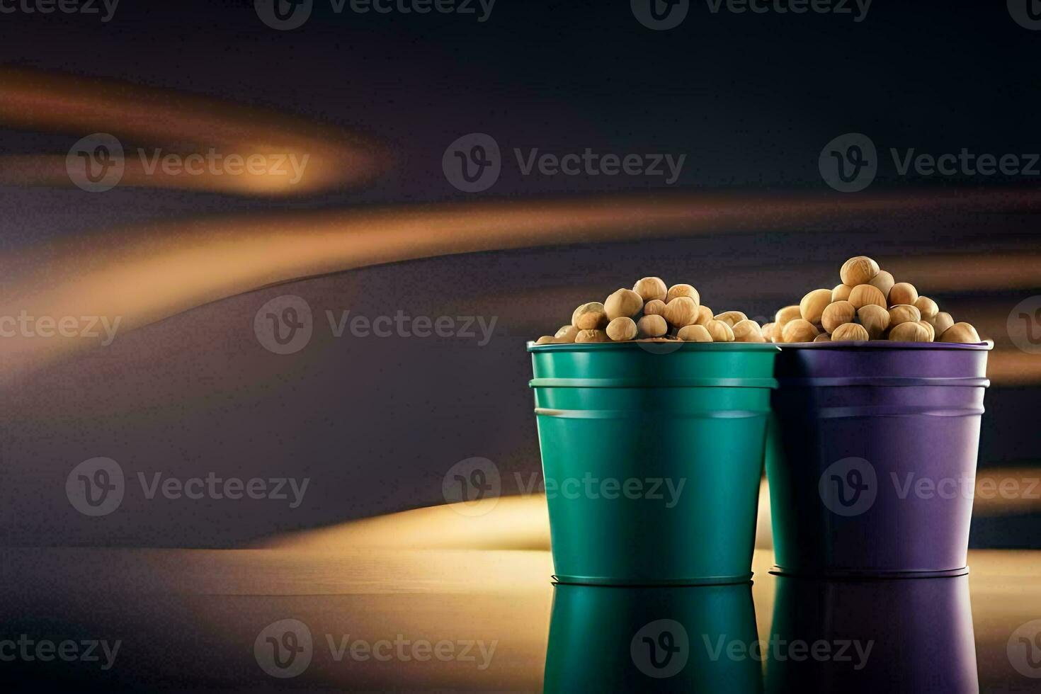 two colorful buckets with peanuts in them. AI-Generated photo