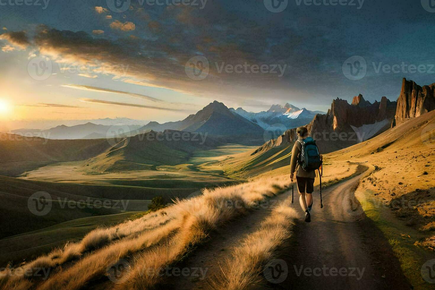 un hombre camina en un suciedad la carretera en el montañas. generado por ai foto