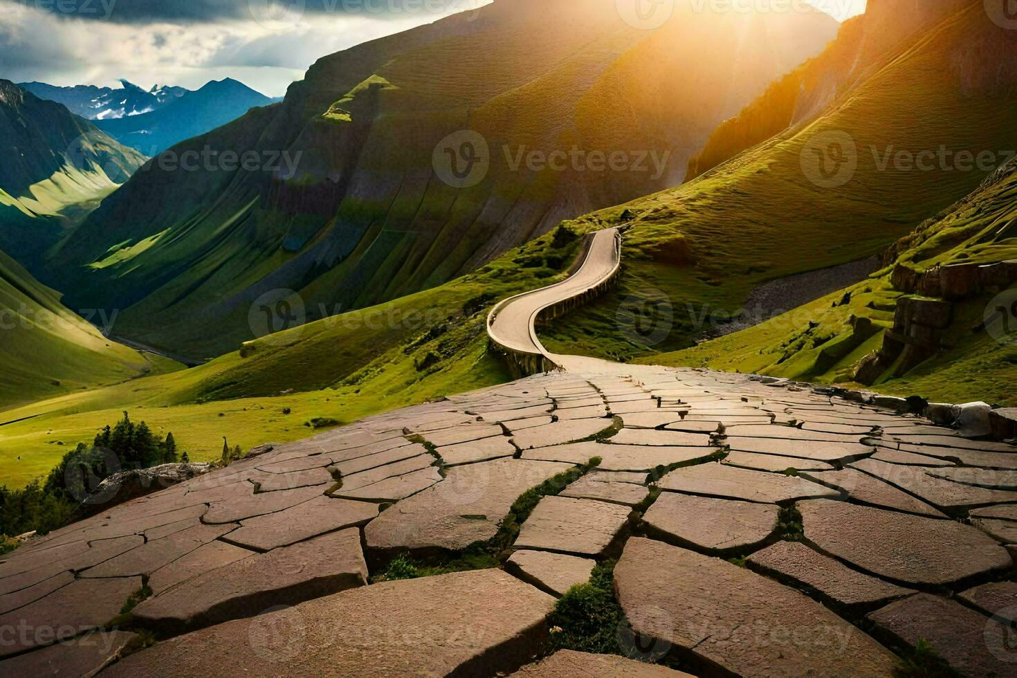 un la carretera en el montañas con un Dom brillante. generado por ai foto