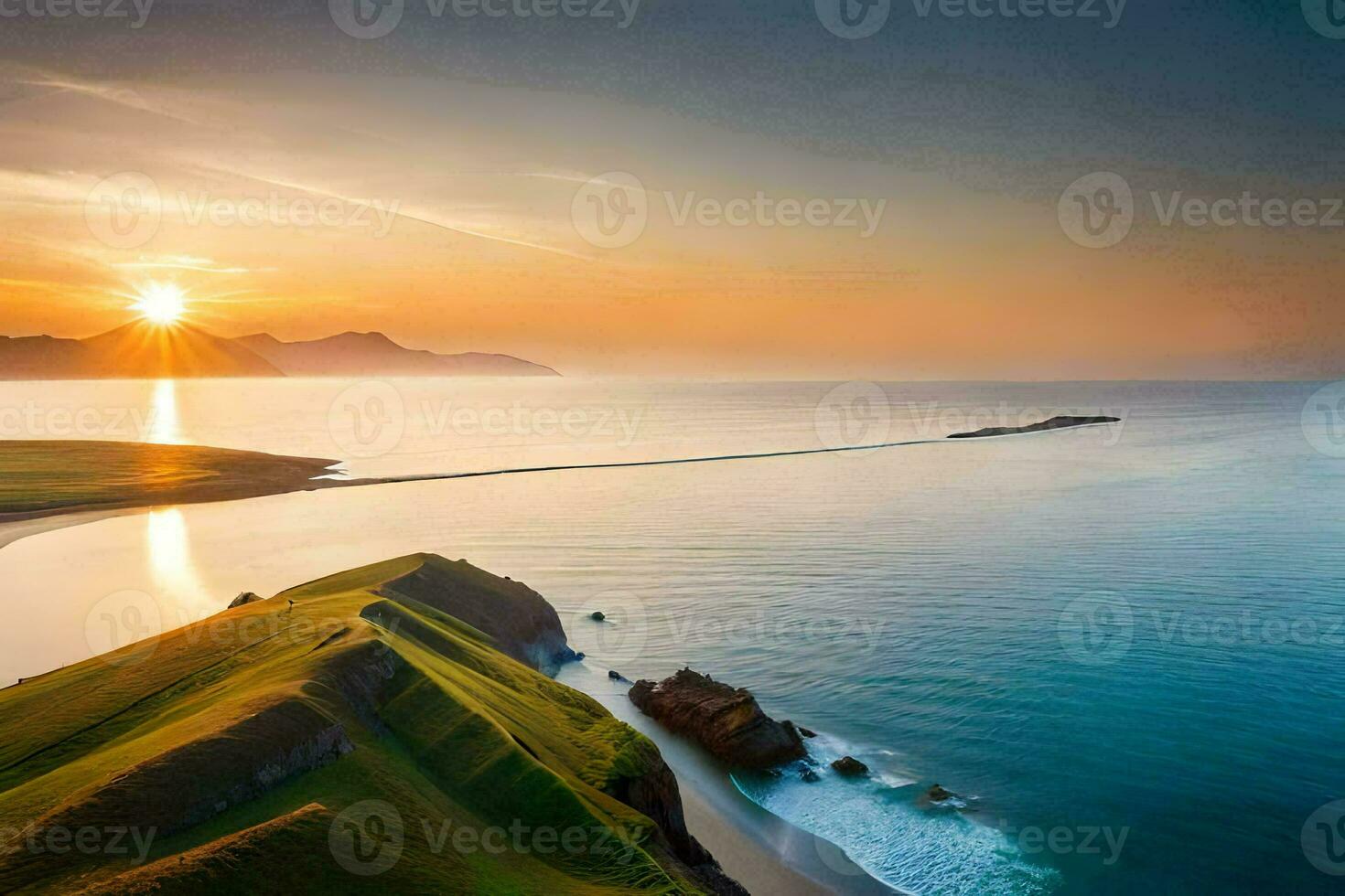 the sun sets over a beach and grassy hill. AI-Generated photo