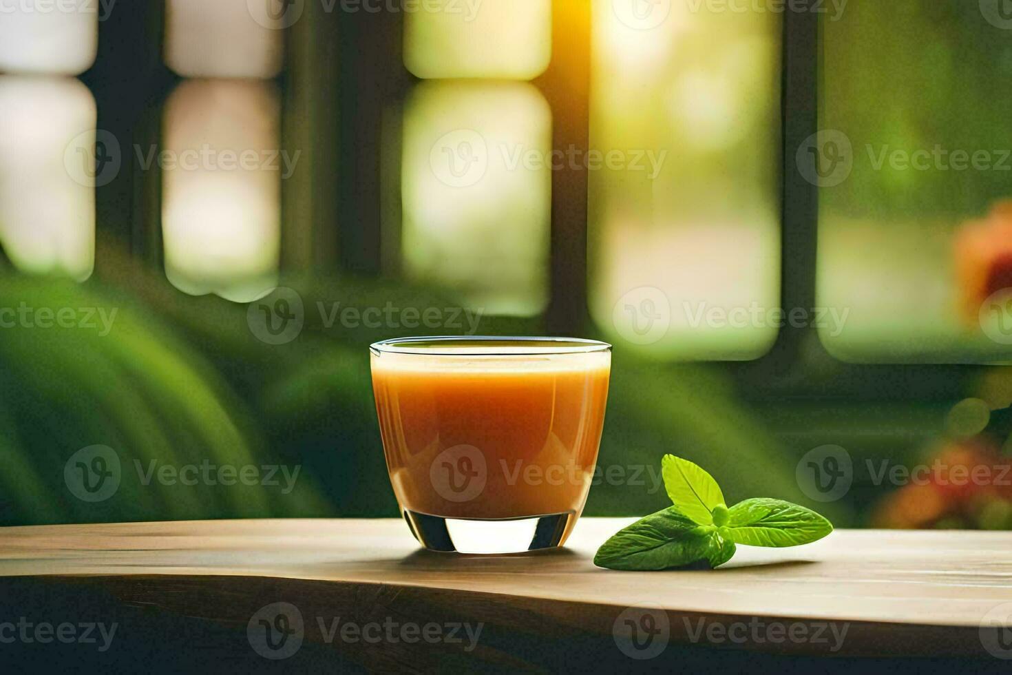 a glass of orange juice on a wooden table. AI-Generated photo