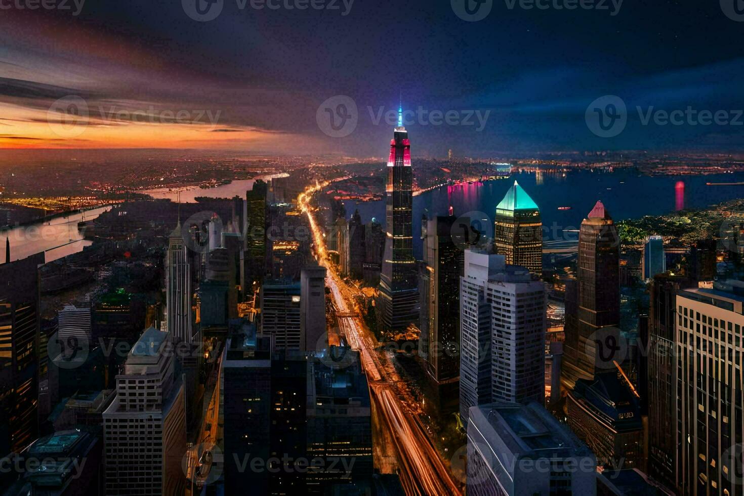 the city skyline at night with a colorful sky. AI-Generated photo