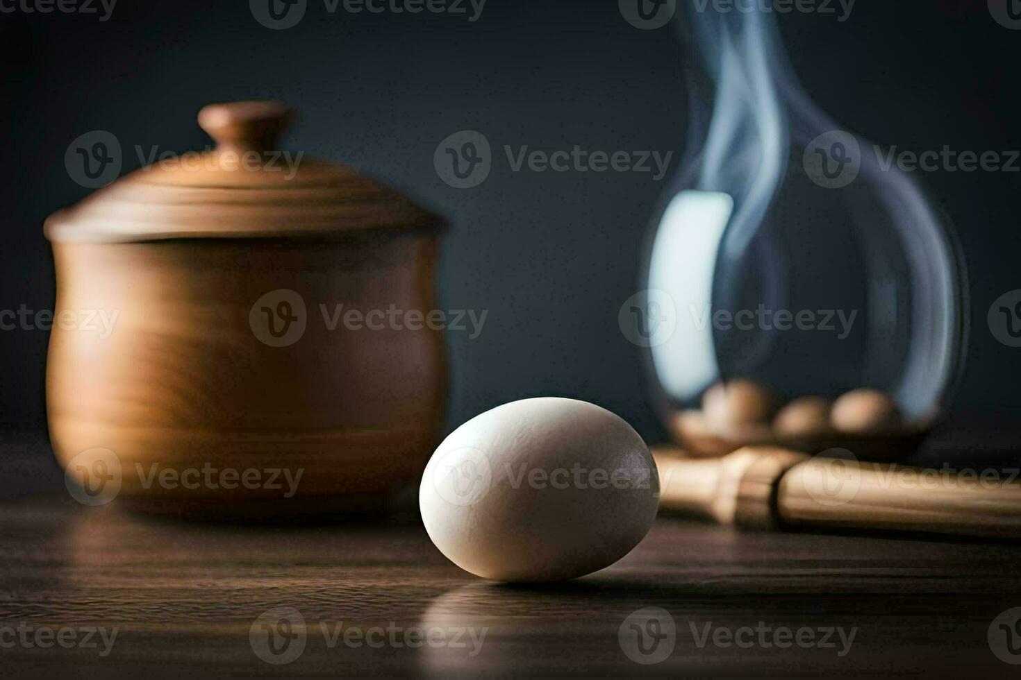 an egg sitting on a table next to a wooden bowl. AI-Generated photo