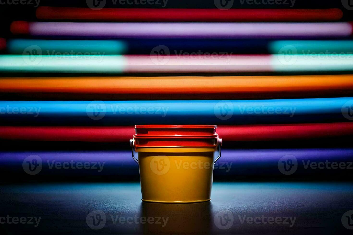 a colorful bucket sits in front of a colorful background. AI-Generated photo