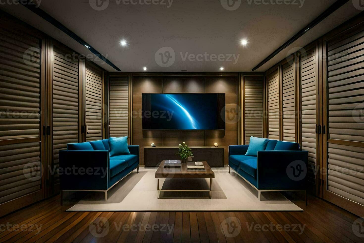 a living room with blue couches and a tv. AI-Generated photo