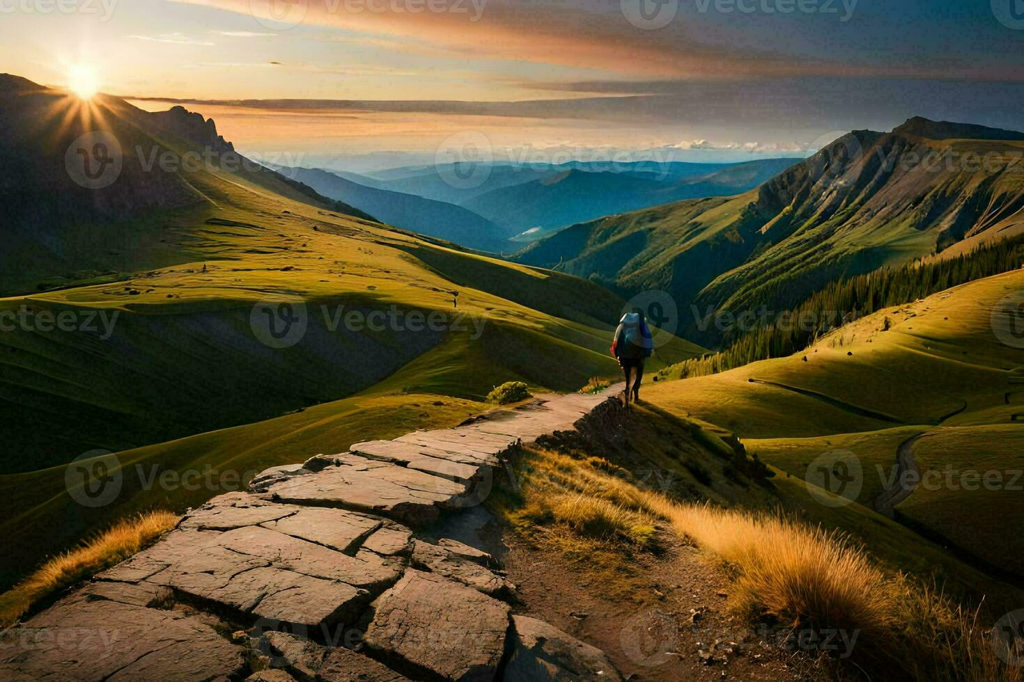 the man is walking on the path in the mountains. AI-Generated photo