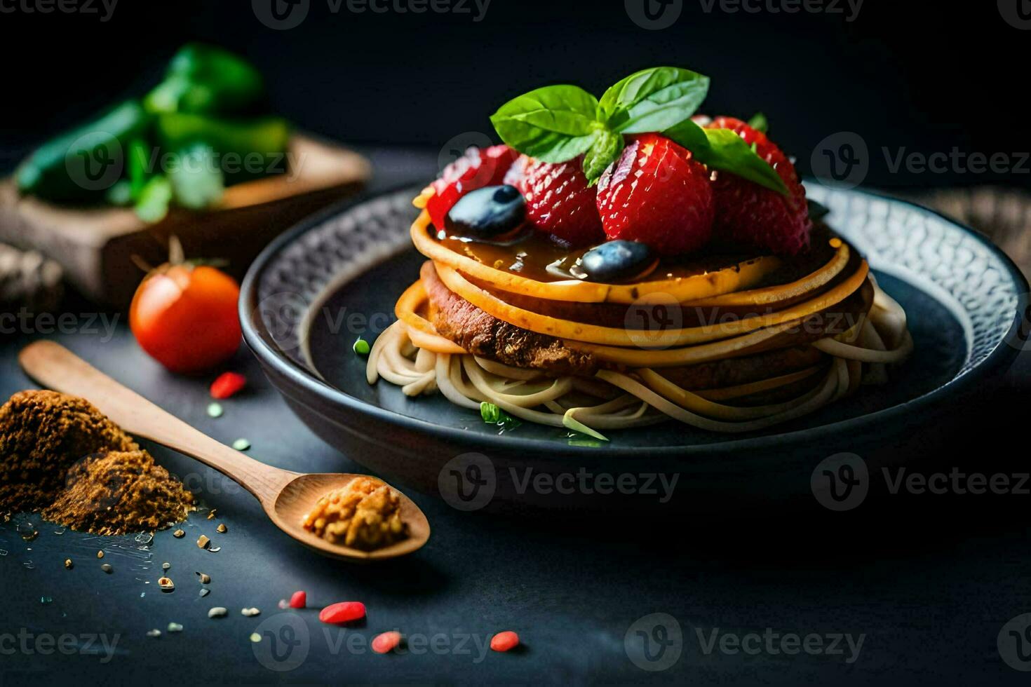 pancakes with berries and spices on a black plate. AI-Generated photo