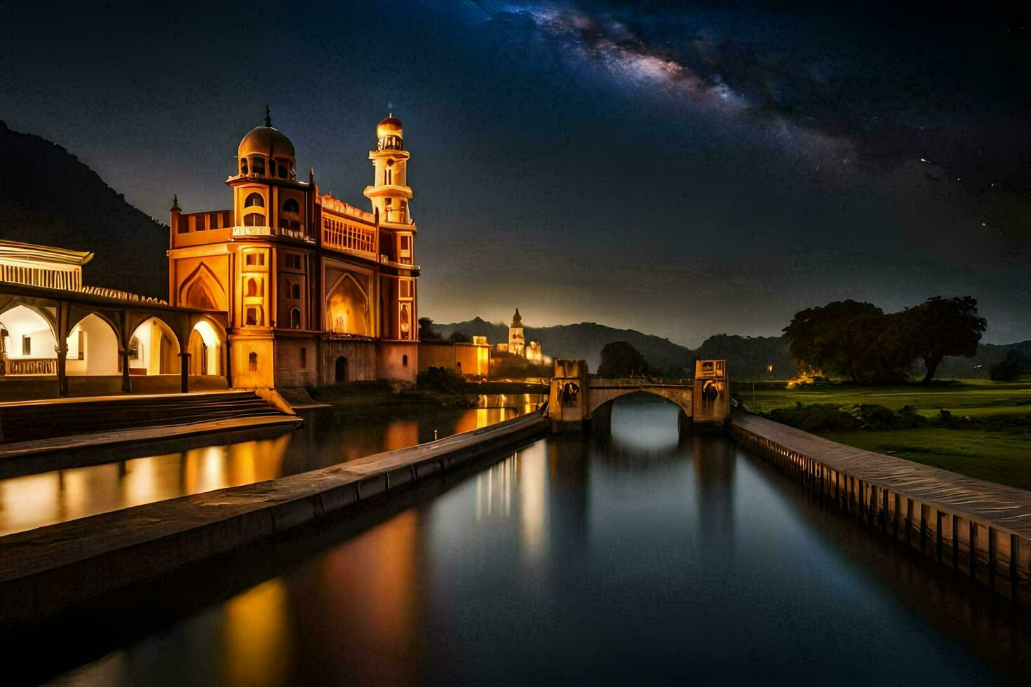 the milky way over the mosque in lahore, pakistan. AI-Generated photo