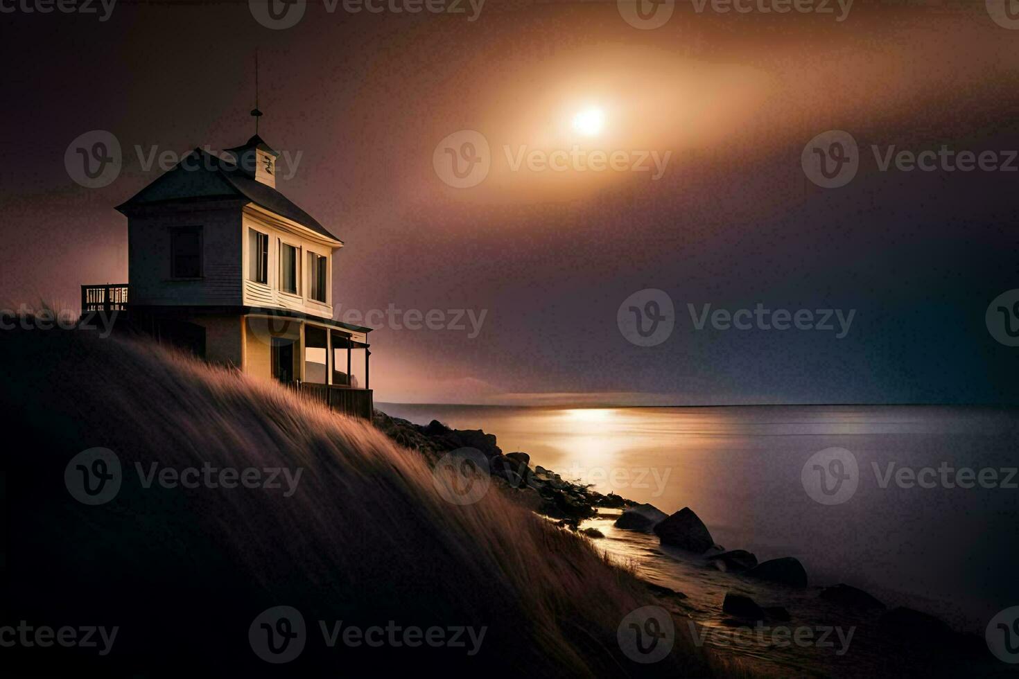 a lighthouse sits on the shore of a body of water. AI-Generated photo