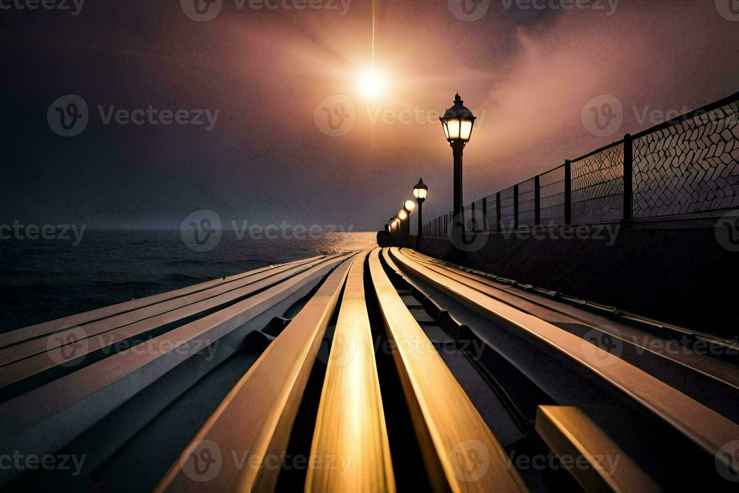 a long pier with a light at the end. AI-Generated photo