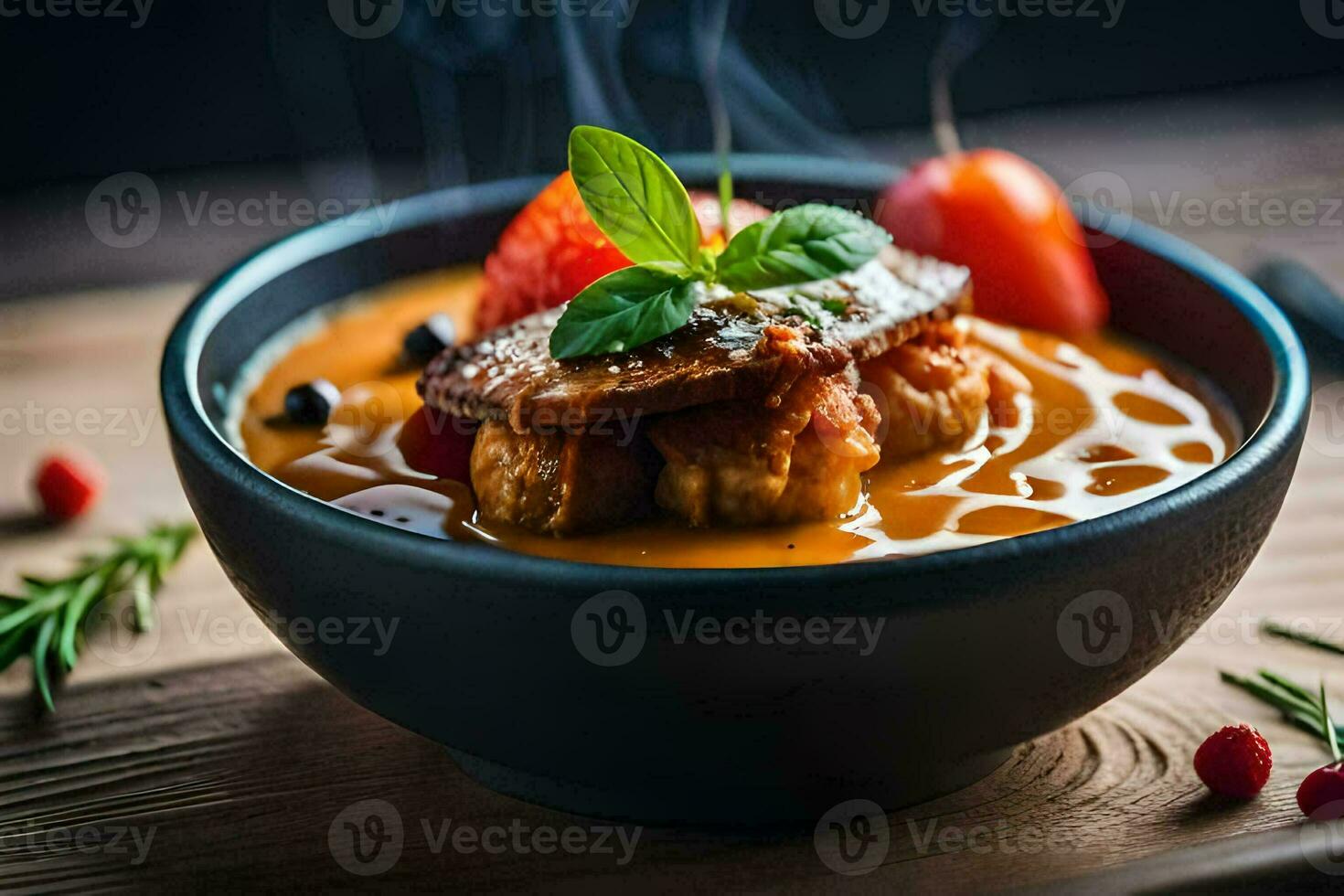 a bowl of soup with meat and vegetables. AI-Generated photo