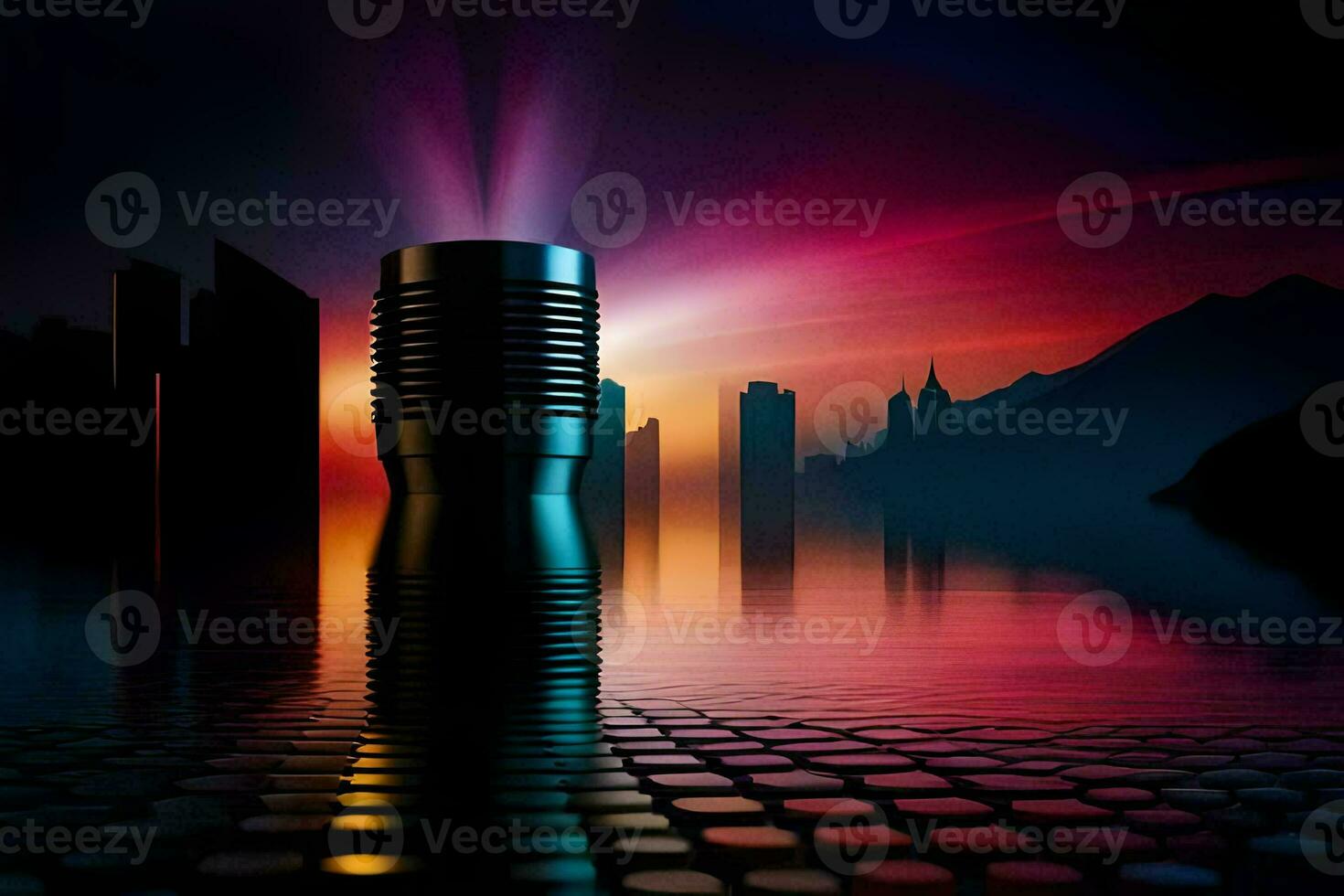a flashlight is shining in front of a city. AI-Generated photo