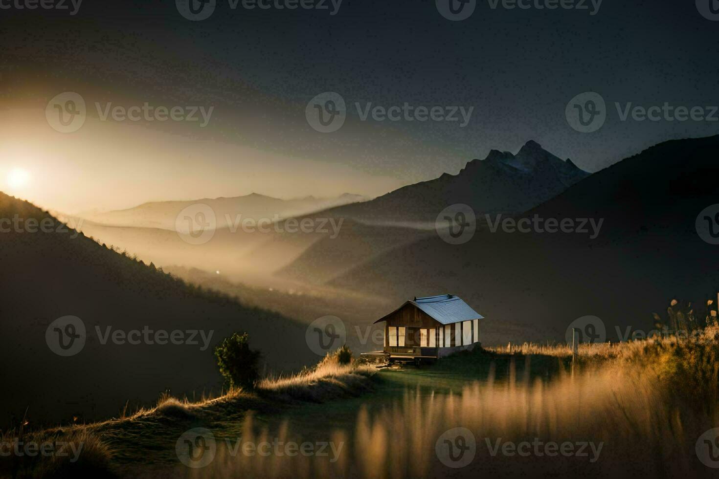 a small cabin sits on top of a hill in the mountains. AI-Generated photo