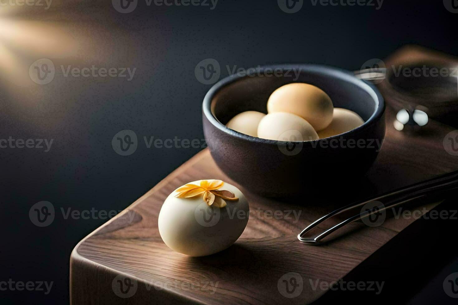 a bowl of eggs and spoons on a wooden table. AI-Generated photo