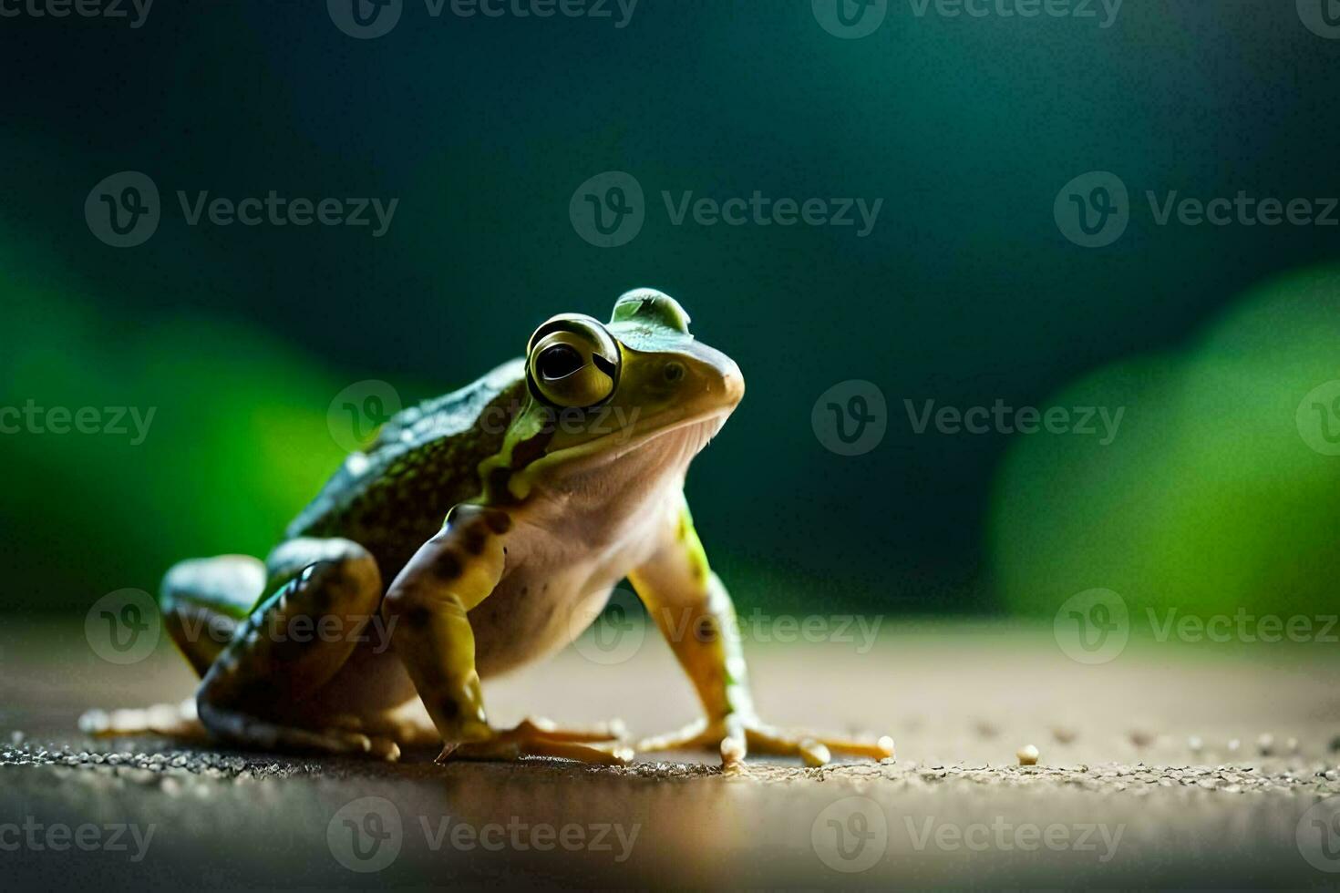 a frog is sitting on the ground with a green background. AI-Generated photo