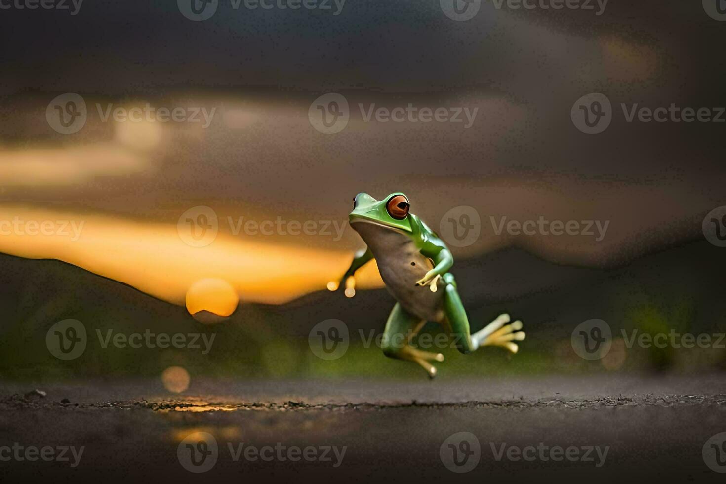 a frog jumping on the ground at sunset. AI-Generated photo