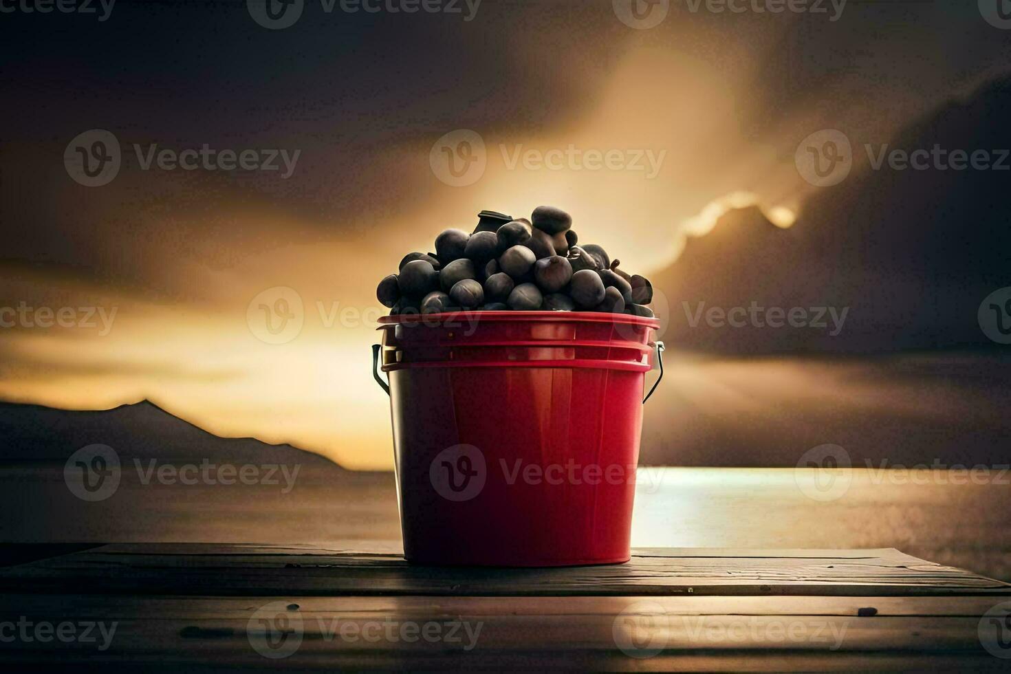 a bucket of nuts on a wooden table with a sunset in the background. AI-Generated photo