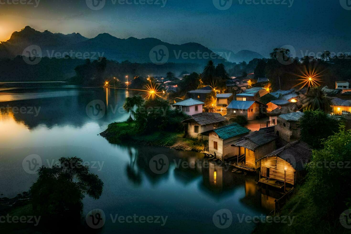 un pueblo se sienta en el apuntalar de un lago a noche. generado por ai foto