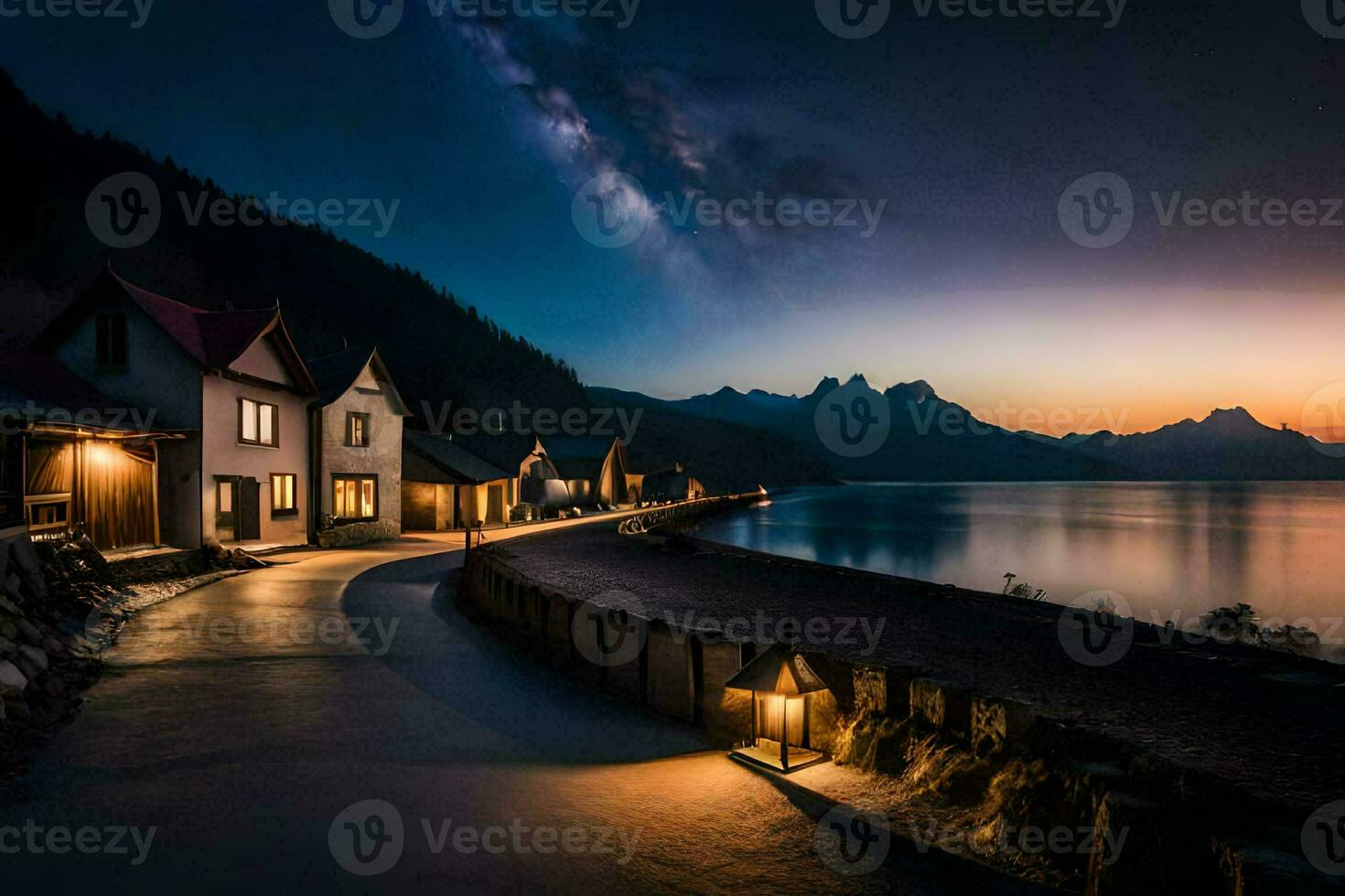 photo wallpaper the sky, mountains, lake, house, the road, the moon, the stars. AI-Generated