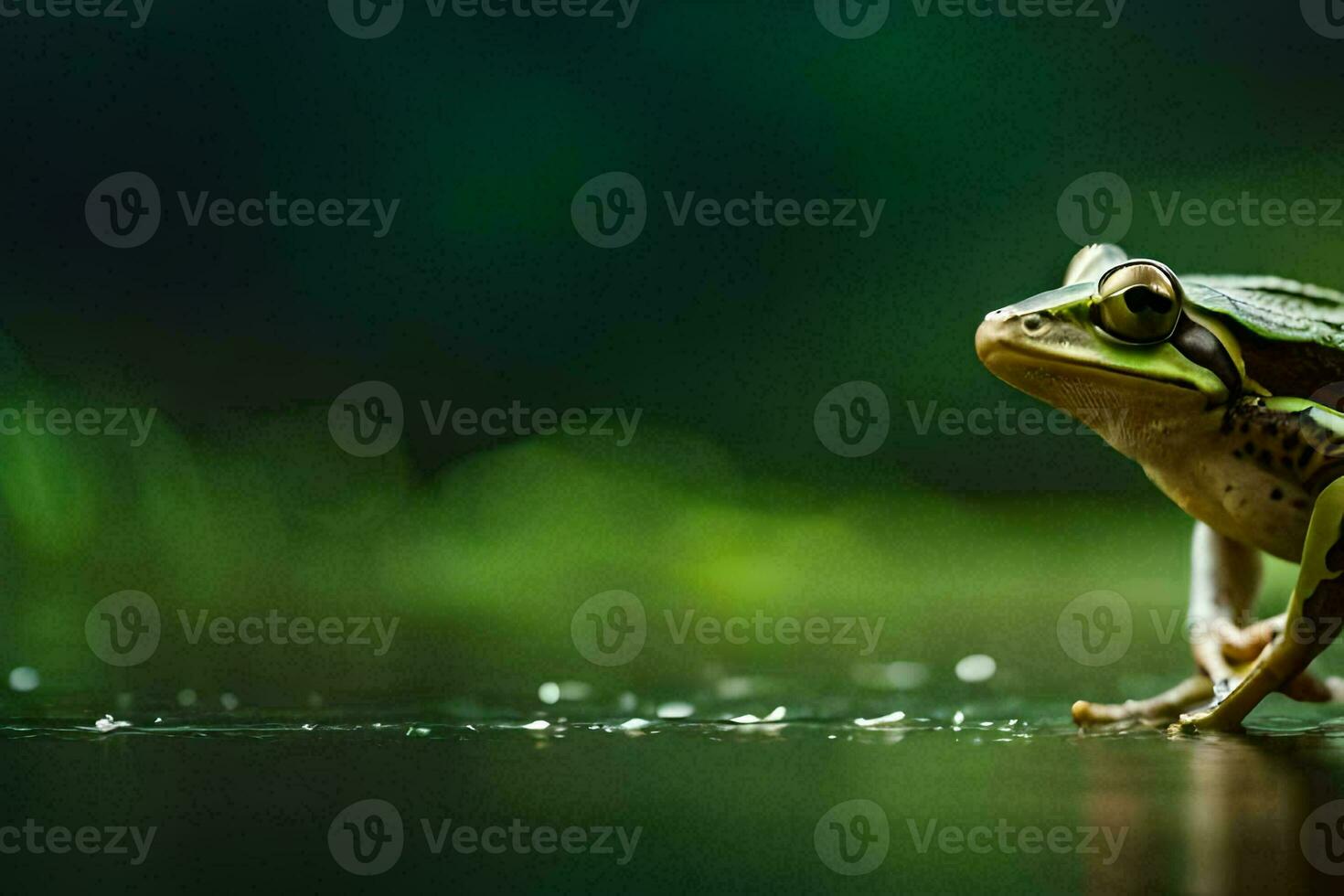 a frog sitting on the ground in the rain. AI-Generated photo