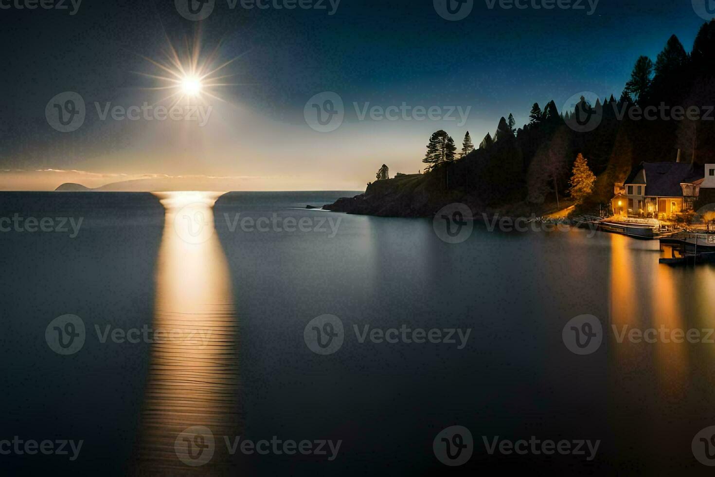 the moon shines brightly over a lake and a house. AI-Generated photo