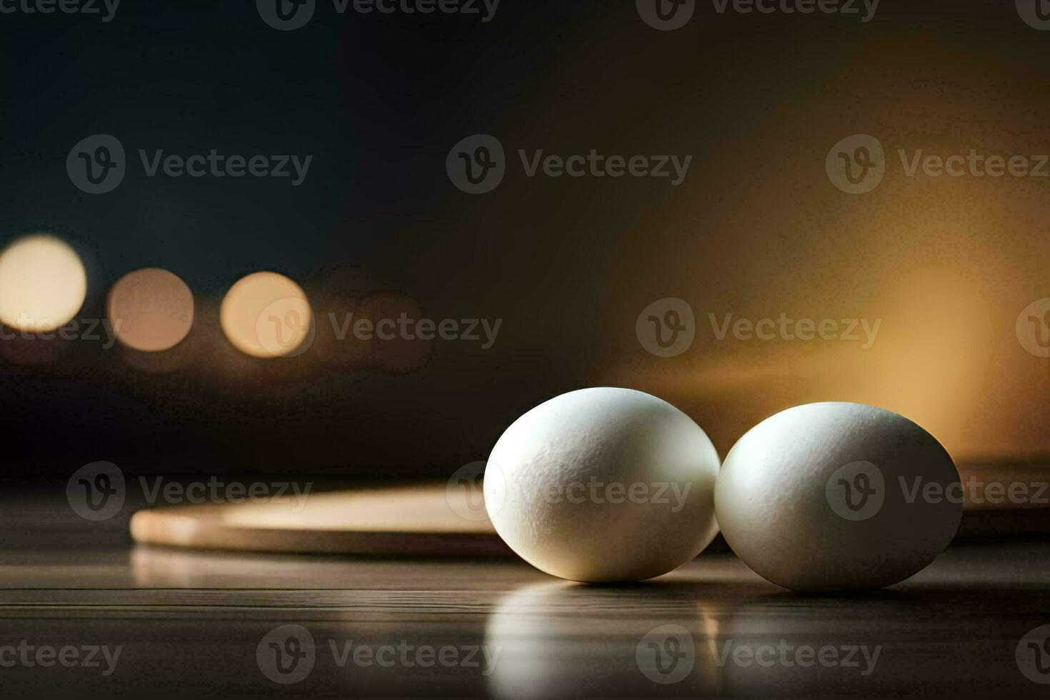 two eggs on a wooden table with blurred lights. AI-Generated photo