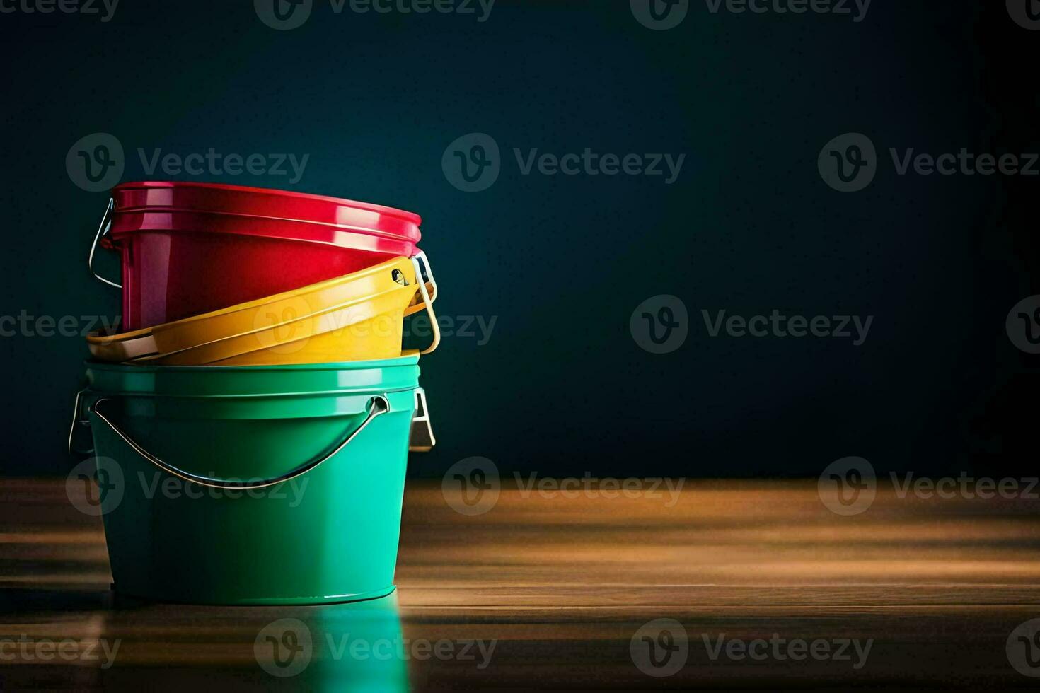 three colorful buckets on a wooden table. AI-Generated photo