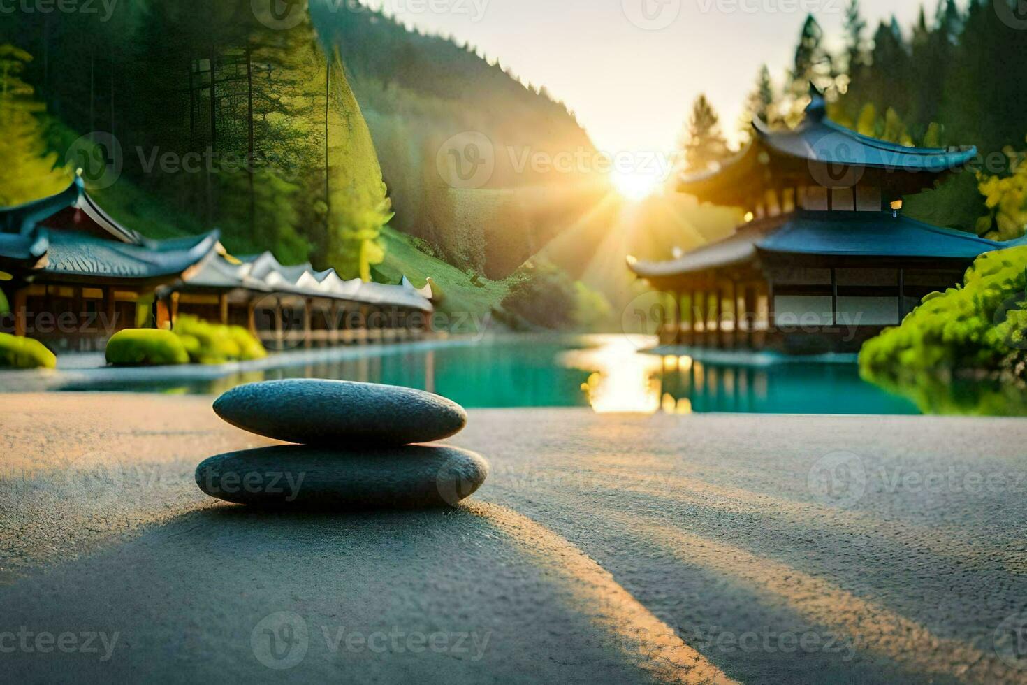 the sun rises over the lake and the pagoda in the background. AI-Generated photo