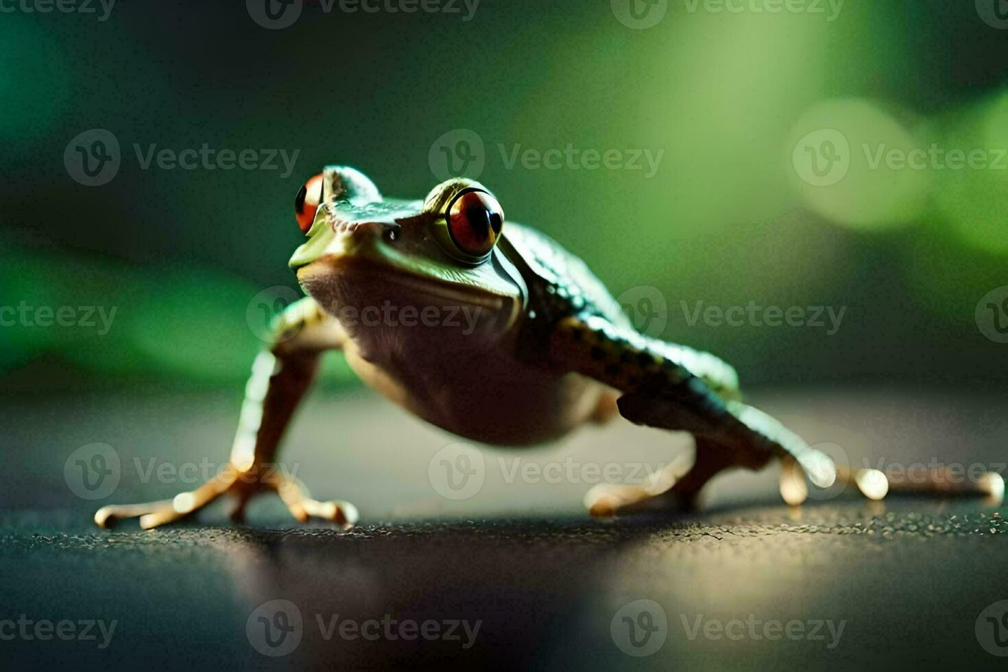 a frog with red eyes standing on a dark surface. AI-Generated photo