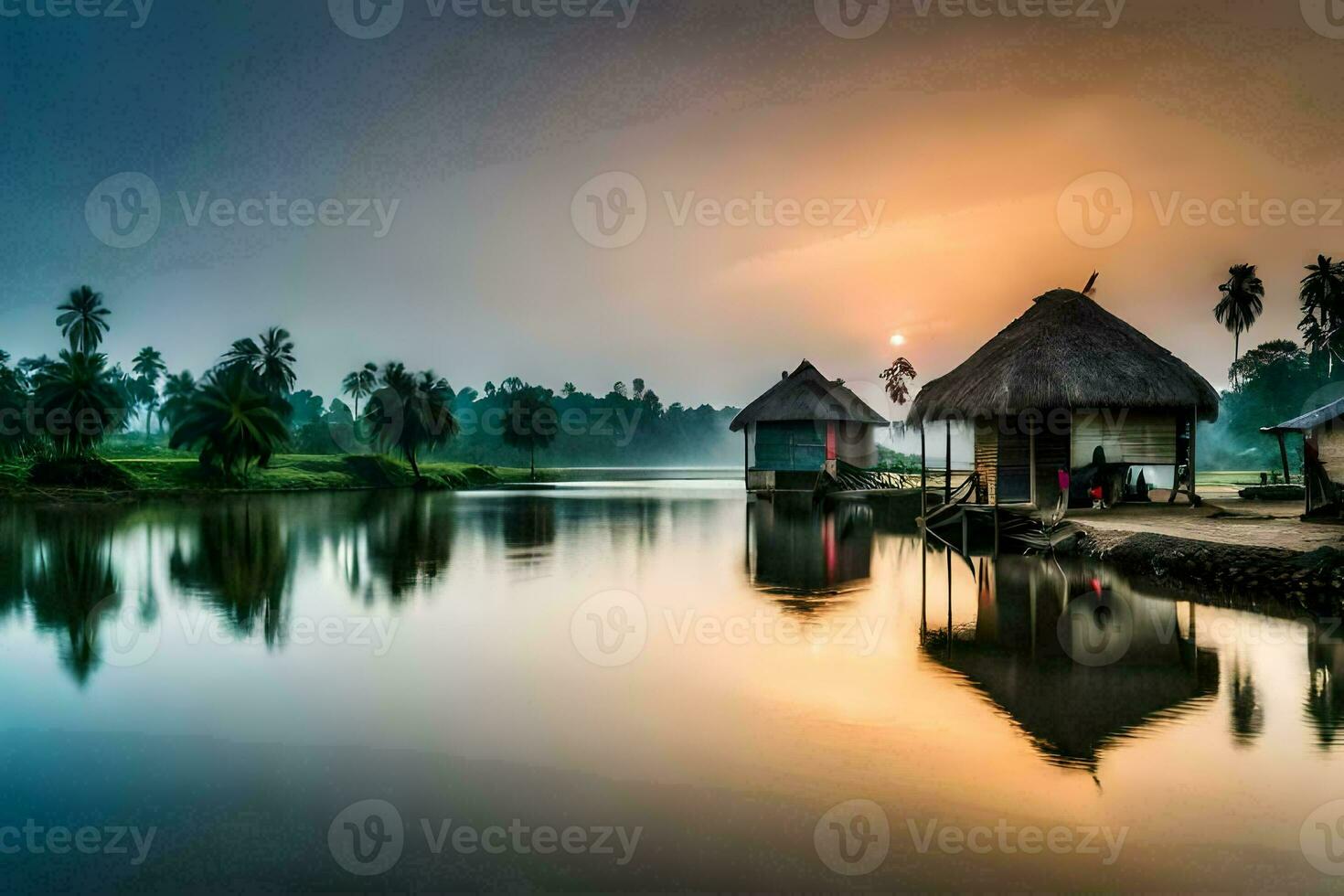 a small hut sits on the shore of a lake at sunset. AI-Generated photo