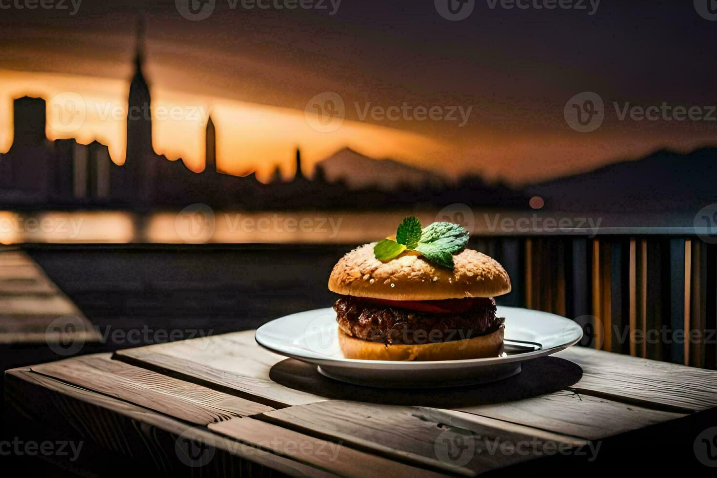 a hamburger on a plate with a view of the city. AI-Generated photo