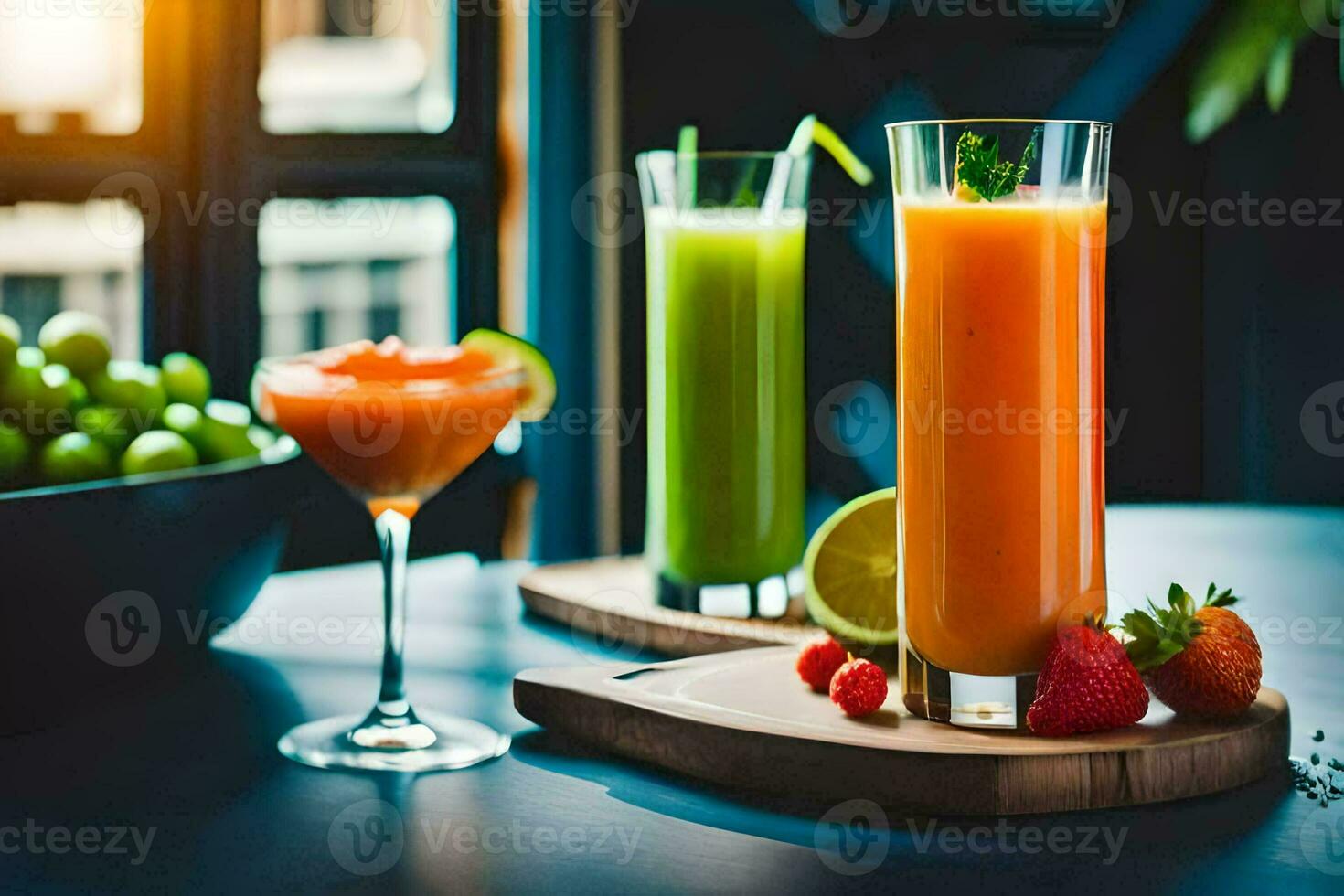 two glasses of juice and fruit on a table. AI-Generated photo