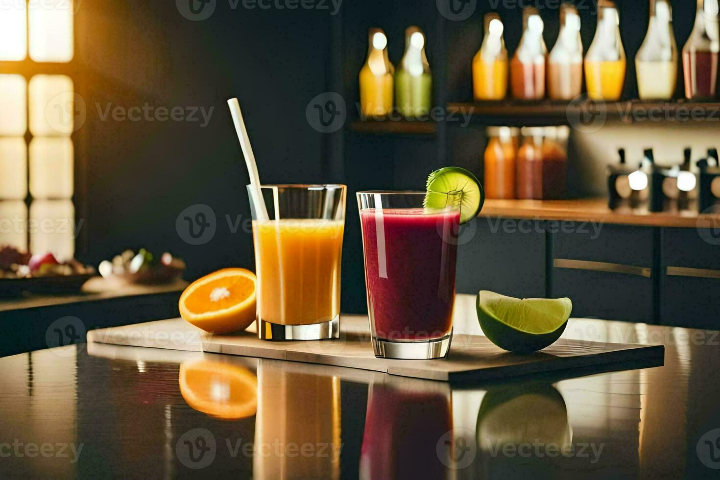 two glasses of juice on a table. AI-Generated photo