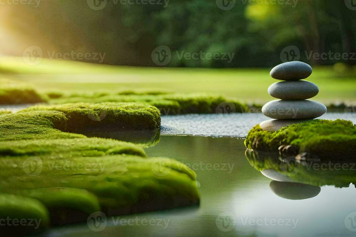 a stack of stones sitting on top of mossy ground. AI-Generated photo