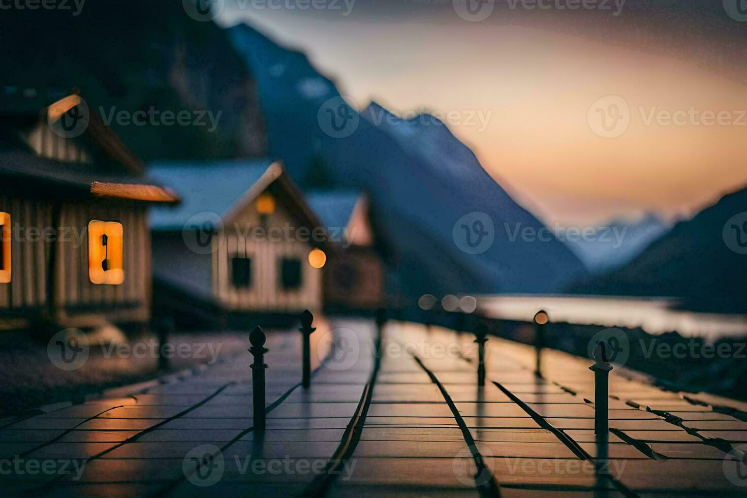 a long walkway in front of a mountain lake. AI-Generated photo