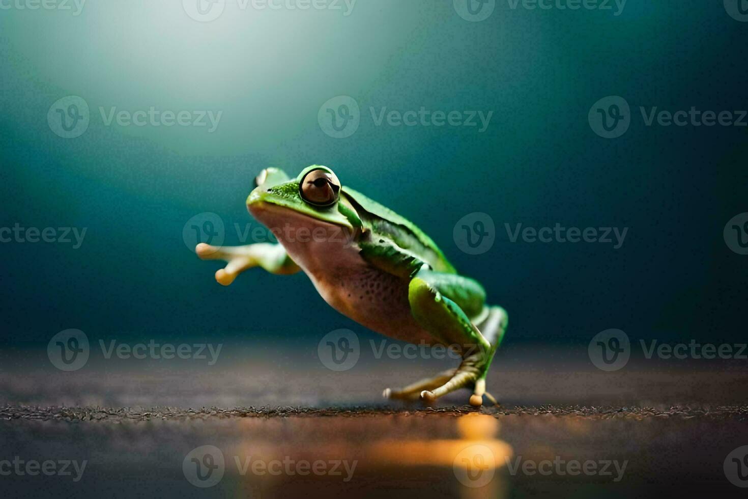 a frog jumping on a wooden floor. AI-Generated photo