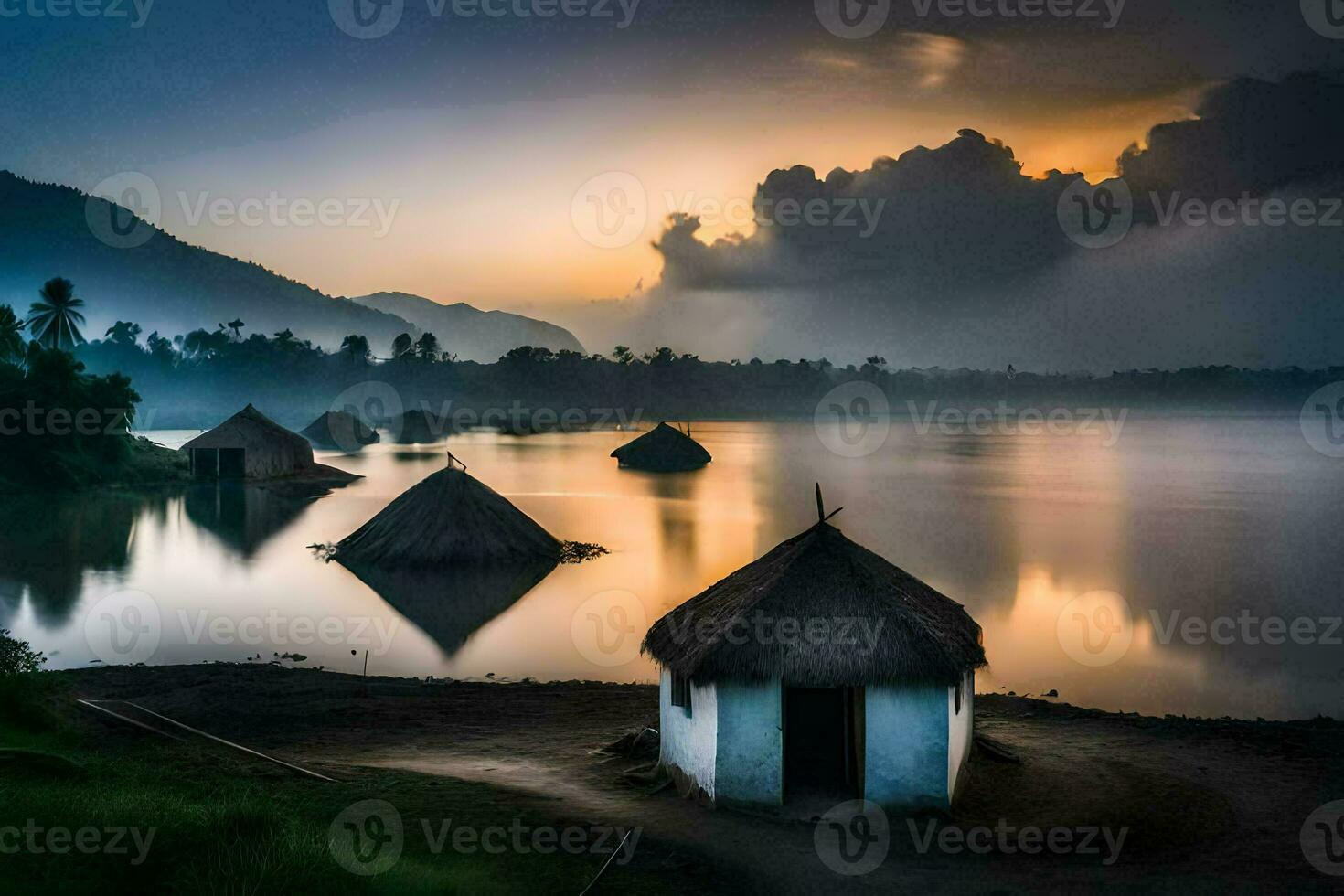 the sun sets over a lake with huts and a mountain in the background. AI-Generated photo