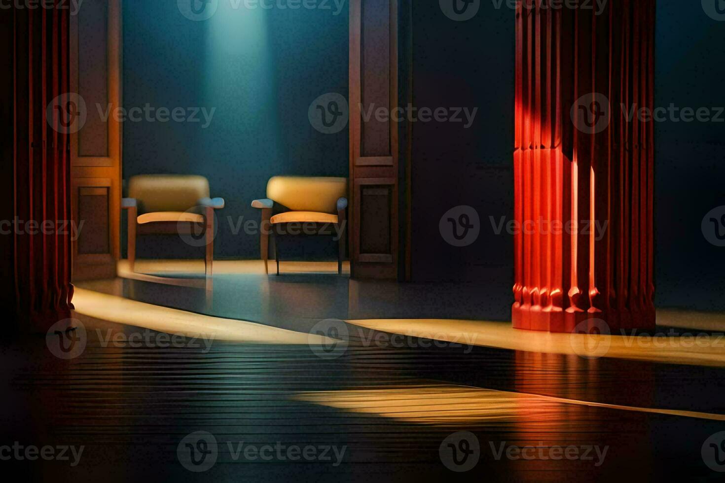 a room with two chairs and a red pillar. AI-Generated photo