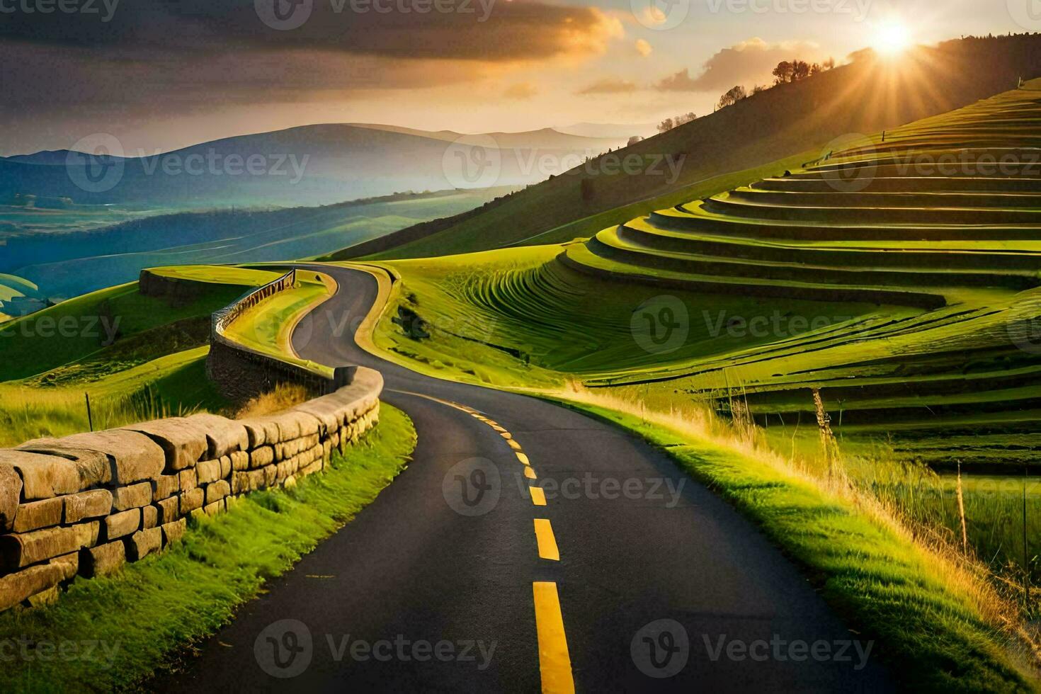 a road winding through a green valley at sunset. AI-Generated photo