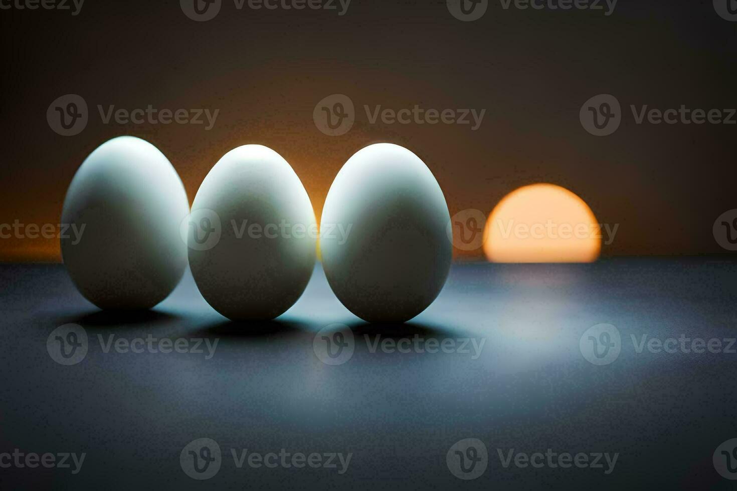 Tres huevos son en pie en frente de un ligero. generado por ai foto