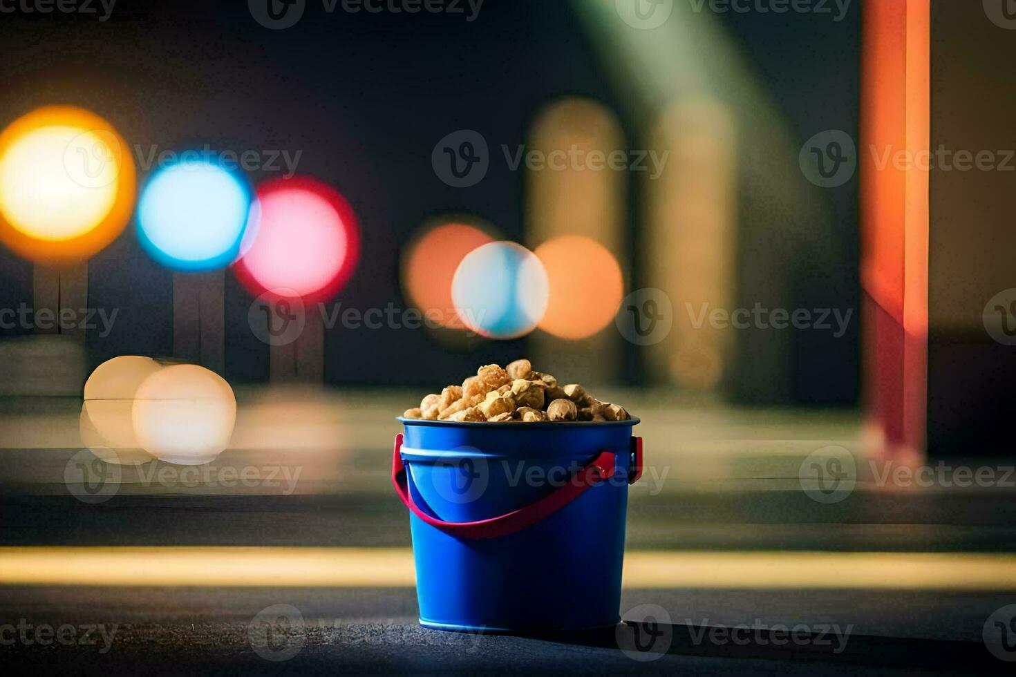 a blue bucket with popcorn on the street. AI-Generated photo