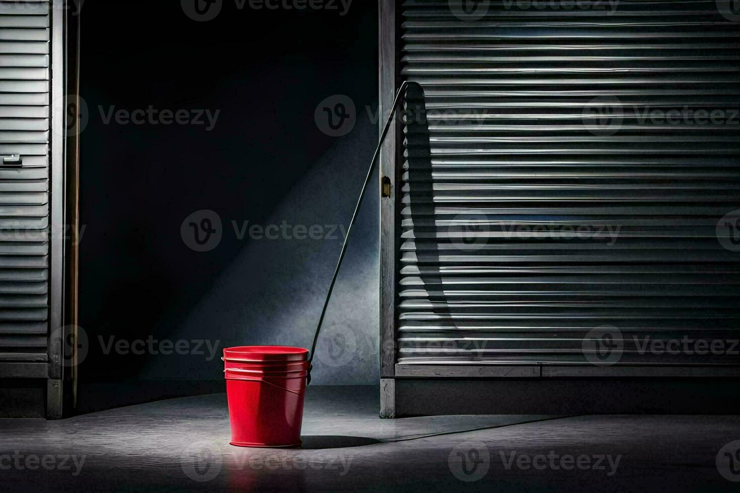 a red bucket sitting in front of a closed door. AI-Generated photo
